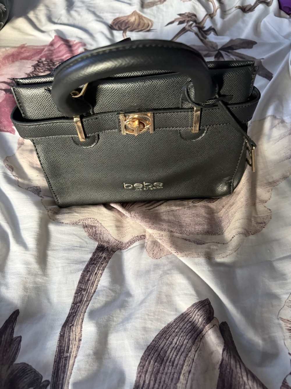 bebe Black Saffiano-Style Top-Handle Satchel with Gold Hardware